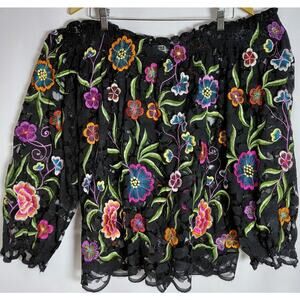 Pone Embroidered Floral Off-Shoulder Top Black Lace 3/4 Sleeve Women Size S